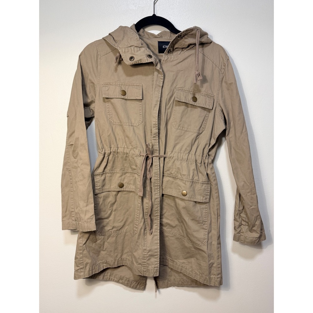 Active USA Utility Jacket Size Small Khaki Hooded Anorak Cargo Pocket Gorpcore